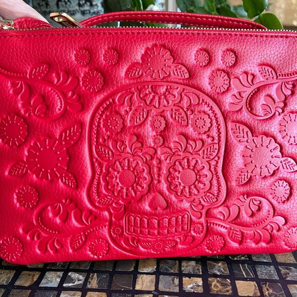 Loungefly Sugar Skull Red Crossbody & Clutch Combo Pebbled Leather EUC - Picture 2 of 11